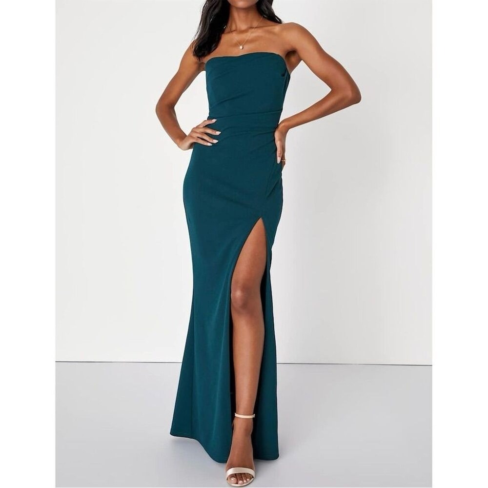 NWT Lulus Women's Marvelous Emerald Green Pleated Strapless Maxi Dress XS